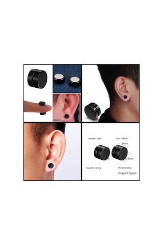 8mm Siyah Düz Küpe Yuvarlak Mıknatıslı Unisex 1 Çift Deliksiz Manyetik Çelik