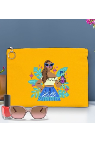Bk Gift Yaz Temalı-3 Astarlı Sarı Portföy Çanta 30x21cm, Baskılı El Çantası, Organizer Çanta