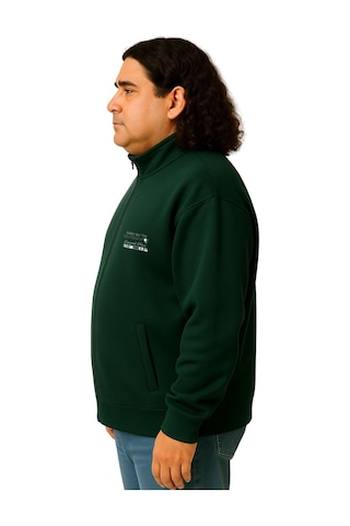 Erkek Büyük Beden 122-158 Kilo Arası İçin Uygun Pamuklu Geniş Kalıp Dik Yaka Fermuarlı Sweat Mont Koyu Yeşil