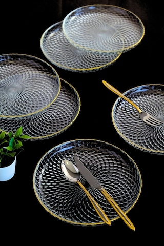 Tabak Evi Altın Yaldız Cam Pasta Tabağı 19cm 6 Lı 2339 Şeffaf