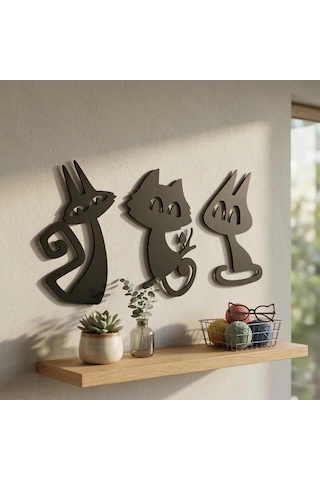 3 Lü Dekoratif Kedi Duvar Tablosu Mdf Lazer Kesim Modern Duvar Süsü Minimal Kedi Figürlü Dekor Düz Renkli