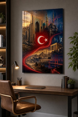 Türkiye Temalı Baskılı Cam Tablo Türk Bayrağı Ve Tarihi Mimari Duvar Dekoru
