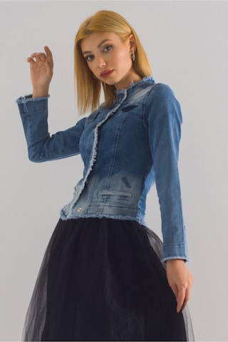 Bold & Young Kadın Yağ Yeşili Power Strech Çıt Çıtlı Slim Fit Denim Ceket mavi