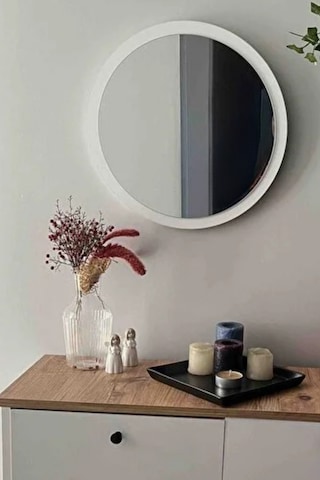 Dekoratik Yuvarlak Ayna 60 Cm Çap Antre Hol Koridor Duvar Salon Mutfak Banyo Ofis Makyaj Aynası - Beyaz Beyaz