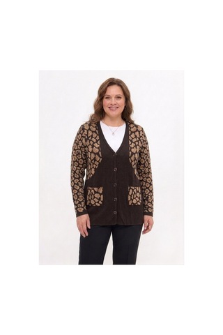 Onno Style Women Simli Leopar Desen Klasik Düğmeli Ceket Kahverengi