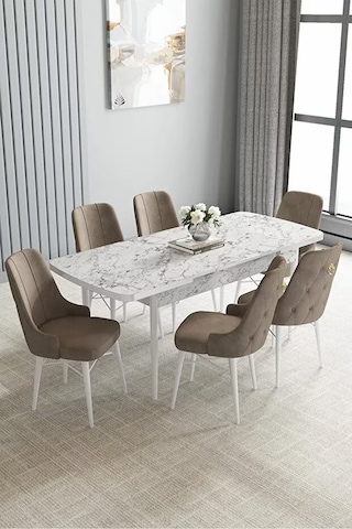 Zümra Serisi, Beyaz Mermer Desen 80x132 Açılabilir Mdf Mutfak Masası Takımı 6 Adet Sandalye Cappucino