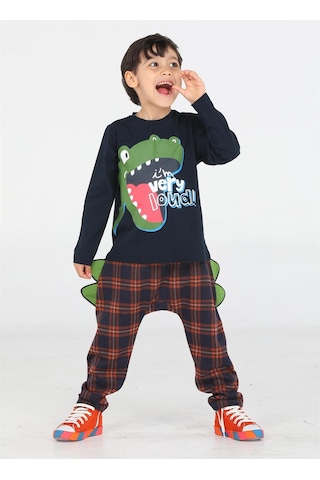 Casabony Ekose Muzip Dino Pantolon + T-shirt Takım-laci Desenli Lacivert