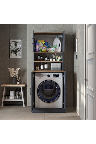 Çamaşır-kurutma Makinesi Dolabı Kapaklı Banyo Dolabı Antrasit - Atlantik Çam