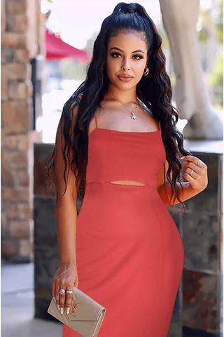 Ergü Gül Kurusu Askılı Pencere Detaylı Yırtmaçlı Midi Boy Kadın Elbise Ergü1521-3