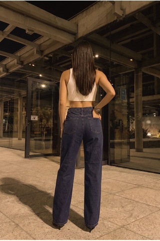 Kadın Koyu Mavi Önü Full Taşlı Likralı Yüksek Bel Wide Leg Geniş Paça Jean Kot Pantolon