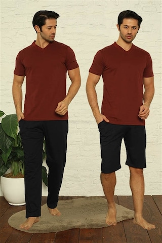 Akbeniz Erkek Bordo V Yaka 3'Lü Pijama Takım 6822-Bordo