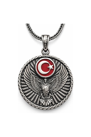 Gümüş Türk Kartalı Ve Ay Yıldız Motifli Erkek Kolye Çok Renkli