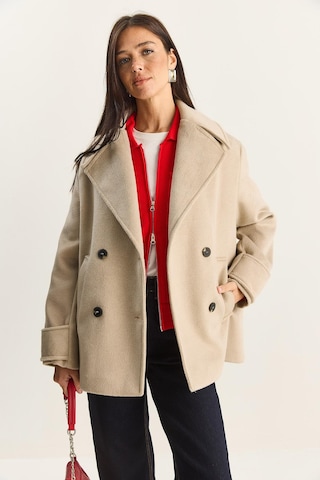 Kadın Kruvaze Yaka Astarlı Kısa Oversize Kaşe Kaban 3508 60283850 - Bej