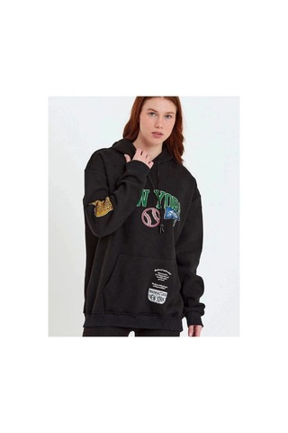 Freedom Store Kadın Oversize Kapüşonlu Cepli Ön Kol Baskılı 3 İplik Pamuklu Hoodie Sweatshirt - Siyah