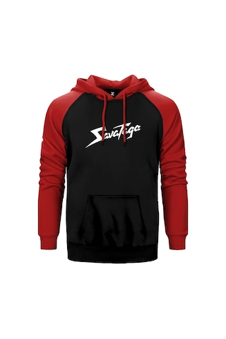 Savatage Logo Yazı Kırmızı Renk Reglan Kol Kapşonlu Sweatshirt Kırmızı