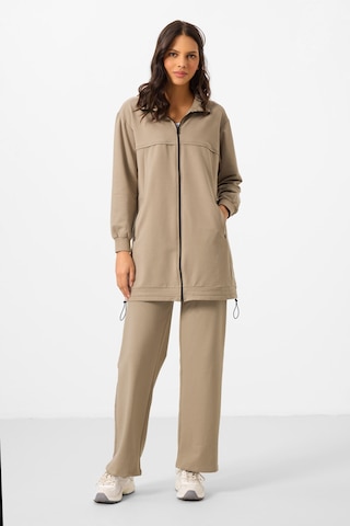 Koyu Bej Dik Yaka Fermuarlı Pamuklu Kadın Eşofman Tunik Takım - 95346 Bej