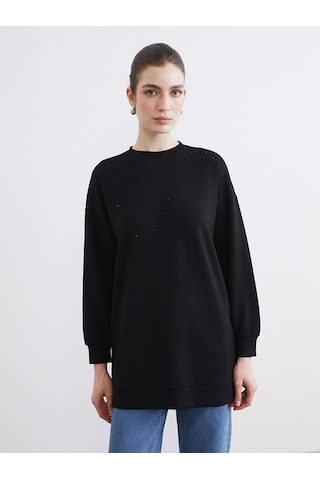 Lcw Modest Siyah Bisiklet Yaka Taşlı Kadın Sweatshirt Tunik