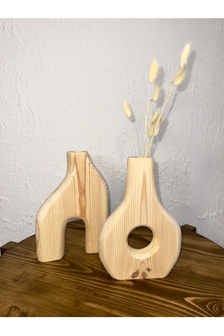 O&a Wood Doğal Ahşap Dekoratif Ikili Takım Biblo Vazo Renksiz