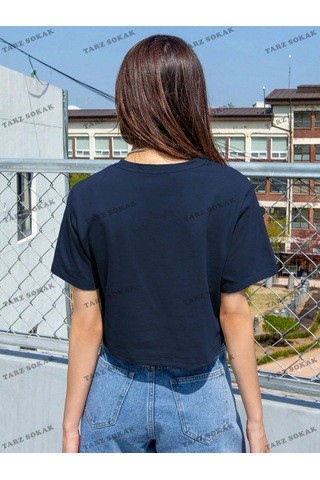 Flood Of Style Crop Ckod-232913 Dazy Yazılı Baskı Kısa Kollu Lacivert