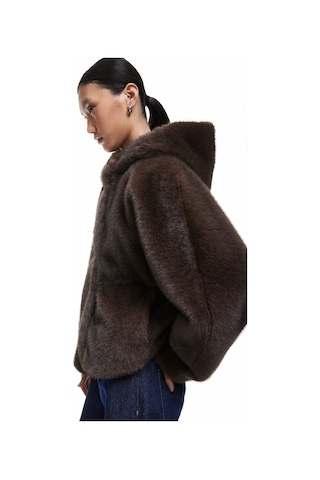 Koton Kapüşonlu Cepli Oversize Suni Kürk Kaban Kahverengi 6wak00206ew Kahve