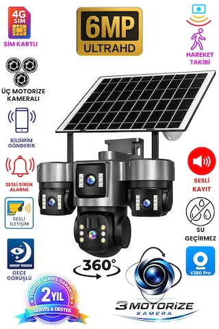 Sim Kartlı Üç Motorize Kameralı Siren Alarmlı Güneş Panelli Gece Görüşlü Güvenlik Kamerası
