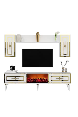 Violla Şömineli Tv Ünitesi Takımı Beyaz-altın