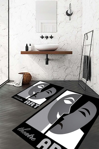 Yüz Desen Banyo Paspası, Kaymaz Taban, Yıkanabilir Klozet Takımı, Gri