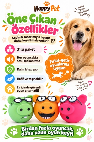 Happy Pet Piggles Komik Surat Desenli Sesli Köpek Oyuncağı 3'lü Paket