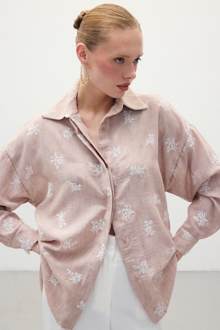 Sateen Salaş Nakışlı Gömlek - Pudra-136253 Pudra