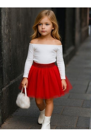 Kız Çocuk Beli Lastikli Tütü Etek-16227 Kırmızı