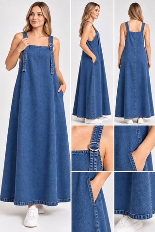 Bul-al Kadın Siyah Askılı Cep Detaylı Denim Elbise Mavi