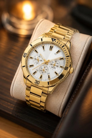 Erkek Gold Renk Metal Kordon Analog Kol Saati Beyaz Kadran Takvim Göstergeli Çok Renkli