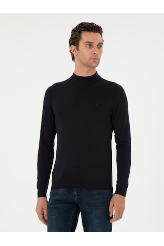 Cacharel Lacivert Slim Fit Kaşmir İpek Karışımlı Çeyrek Balıkçı Yaka Triko Kazak