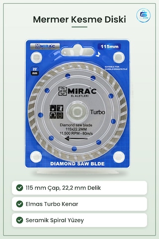 Mermer Kesme Diski 115mm 22,2 Mm İnce Turbo Elmas Daire Testere B