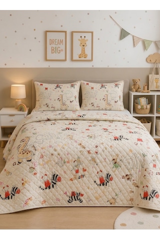 Çift Kişilik Kapitone Dolgulu Safari Desen Pike 4 Mevsim 2 Adet Yastık Kılıfı Dahil 200x230cm Bej