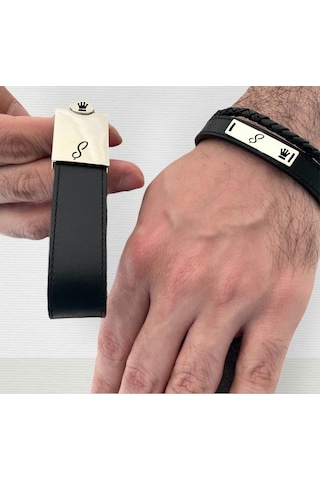 Archin Ş Harfine Özel Taç Motifli Hakiki Siyah Derili 925 Ayar Gümüş Plakalı Hediye Seti-584harf Gümüş