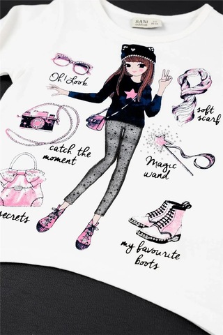 Kız Bebek Beyaz Lacivert Baskılı Mevsimlik Tişört Tayt Takım Beyaz - Siyah