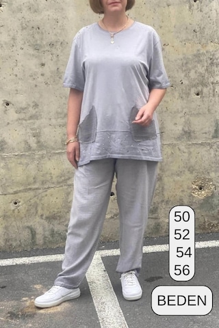 Mia Butik Büyük Beden Verona Gri Keten Takım Gri