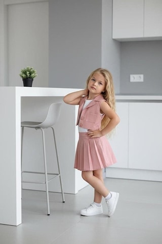 Bubiee Baby Kız Çocuk Askılı Bluzlu Pembe Crop Yelekli Ve Pileli Etekli Alt Üst Takım 3'lü -şık Bayramlık Set