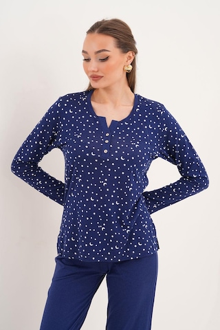 Çift Kaplan Kadın Pamuk Modal Yıldızlı Açık Patlı Lacivert Pijama Takımı 7005 Lacivert