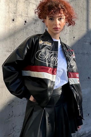 Bigdart 0698 Baskılı Suni Deri Bomber Ceket - Siyah 001