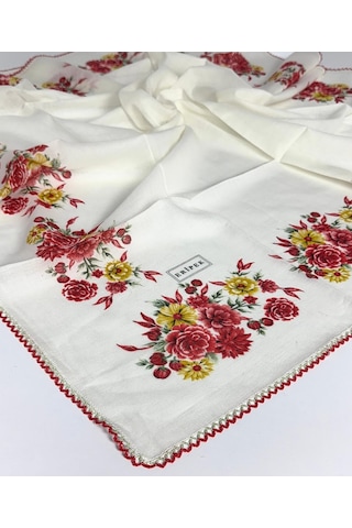 Eripek Oyalı Pamuk Yazma 6593 Krem-kırmızı