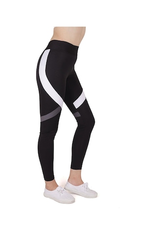 Kadın Yüksek Bel Tül Detaylı Beyaz Ayrıntılı Spor Tayt Siyah-beyaz-füme