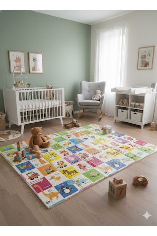 Katlanabilir Çift Taraflı Eğitici Çocuk Oyun Matı, Halısı 180x150 Taşıma Çantalı - Ayı