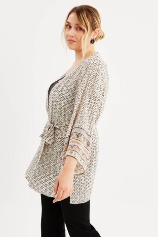 Desenli Kemer Detaylı Kimono - Krem