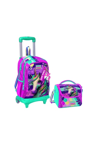 Coral High Pembe Su Yeşili Unicorn Işıklı Tekerlekli Okul Çantası ve Beslenme Seti - Kız Çocuk