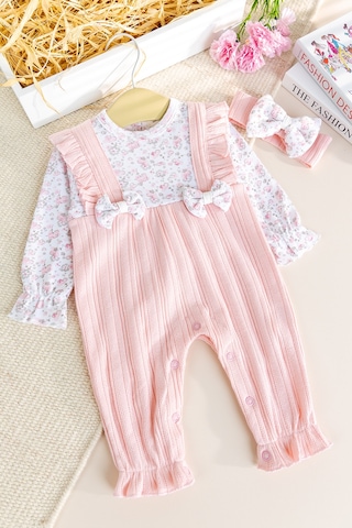 Babymod Çiçek Desenli Bandanalı 100% Pamuk Kız Bebek Tulum Somon