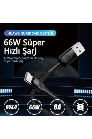 66w Süper Hızlı Şarj Kablosu 1 Metre Type-c Bağlantı 6a Akım Qc3.0 Uyumlu Yüksek Yoğunluklu Dokuma Usb - Type-c 1m Black