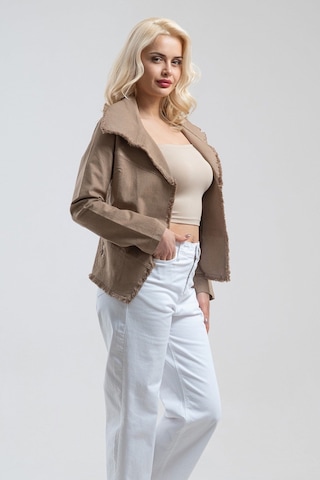 Bold & Young Kadın Camel Tek Cepli Metal Fermuarlı Pis Dikişli Ceket