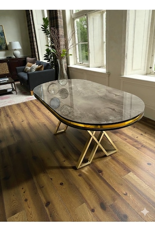 Msy Home İroni Gold/krom Detaylı Lake Panel 90 170 Cm Oval Masa Siyah